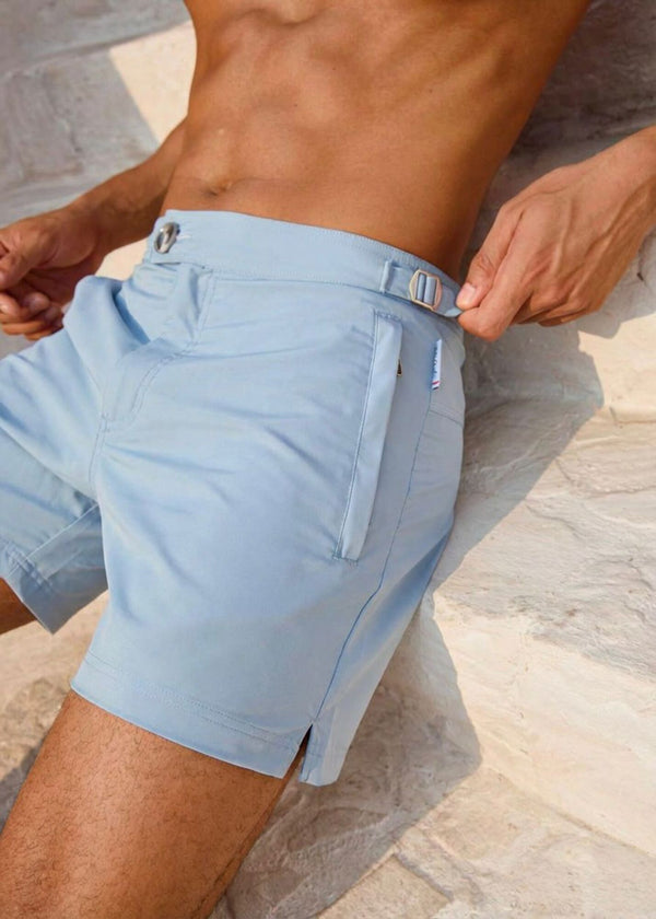 Classic Plain Light Blue Long Length Swim Shorts With Adjustable Waist