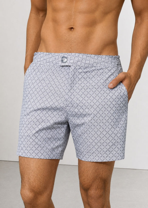Long Length Light Grey Geometric Print Swim Shorts