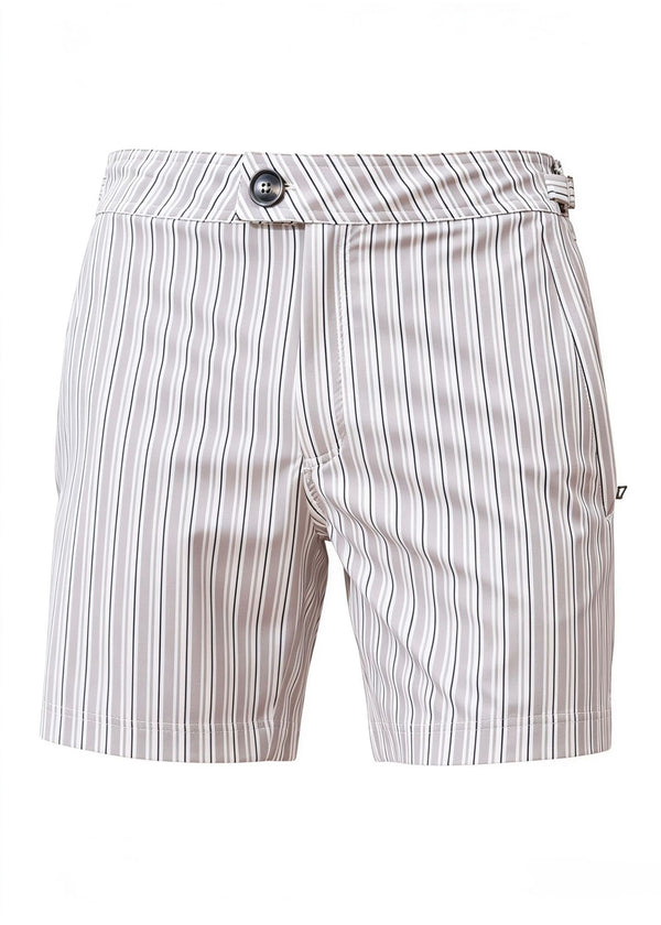 Long Length Mocha & White Stripe Swim Shorts