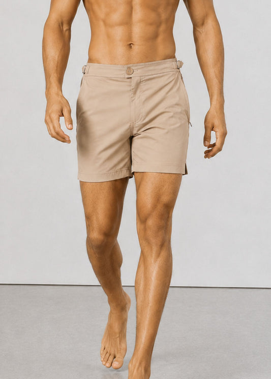 Classic Plain Mocha Long Length Swim Shorts With Adjustable Waist