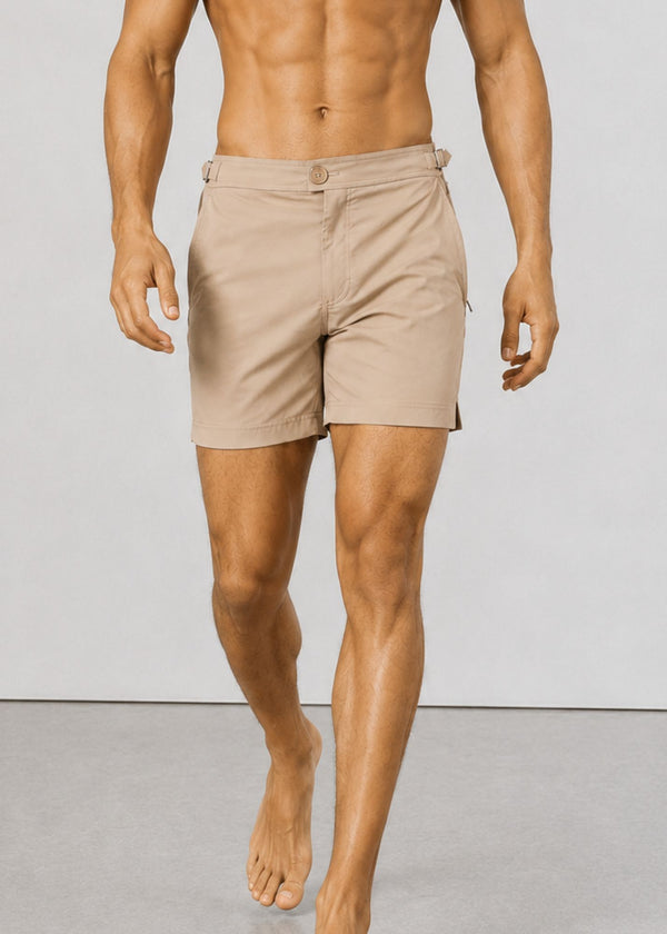 Classic Plain Mocha Long Length Swim Shorts With Adjustable Waist