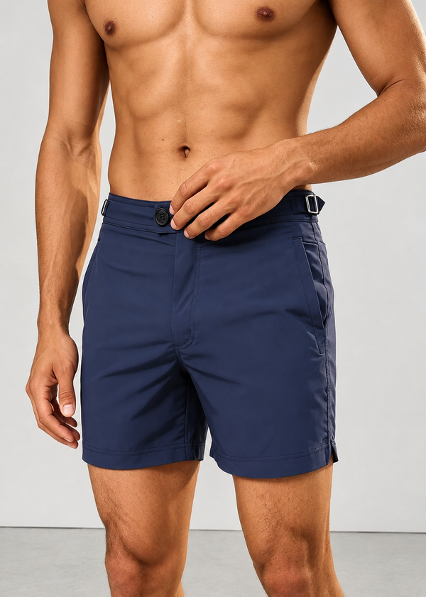 Classic Plain Navy Long Length Swim Shorts With Adjustable Waist