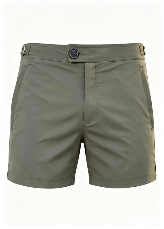 Classic Plain Olive Khaki Long Length Swim Shorts With Adjustable Waist