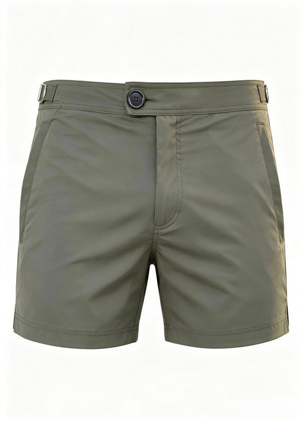Classic Plain Olive Khaki Long Length Swim Shorts With Adjustable Waist