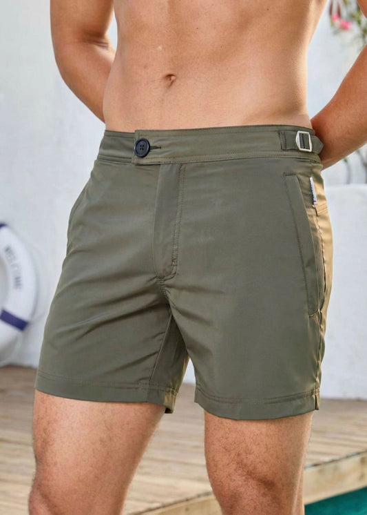 Classic Plain Olive Khaki Long Length Swim Shorts With Adjustable Waist