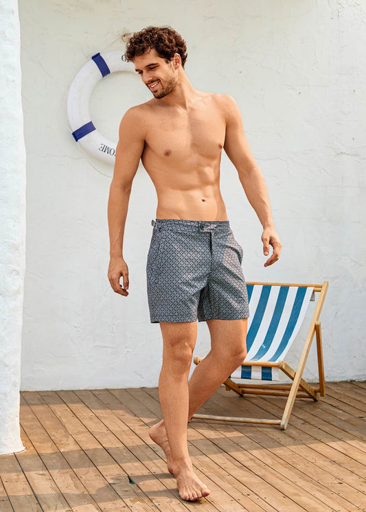 Long Length Dark Grey Geometric Print Swim Shorts