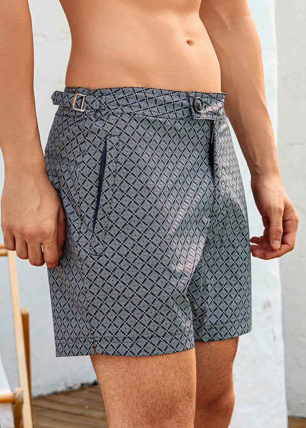 Long Length Dark Grey Geometric Print Swim Shorts