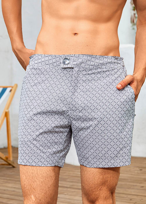 Long Length Light Grey Geometric Print Swim Shorts