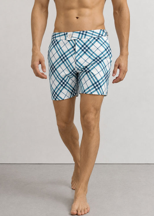 Long Length White Checkered Swim Shorts