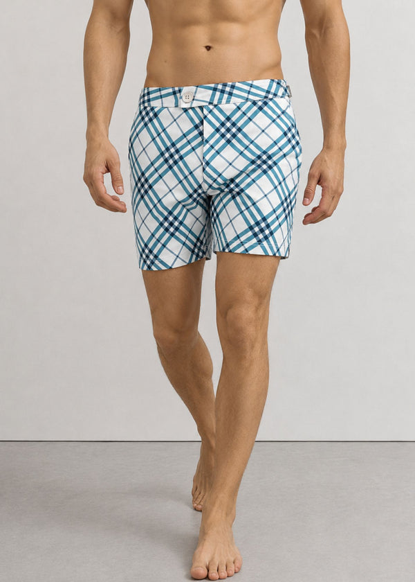 Long Length White Checkered Swim Shorts