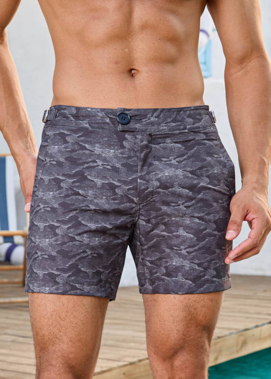 Long Length Light Grey Camouflage Swim Shorts