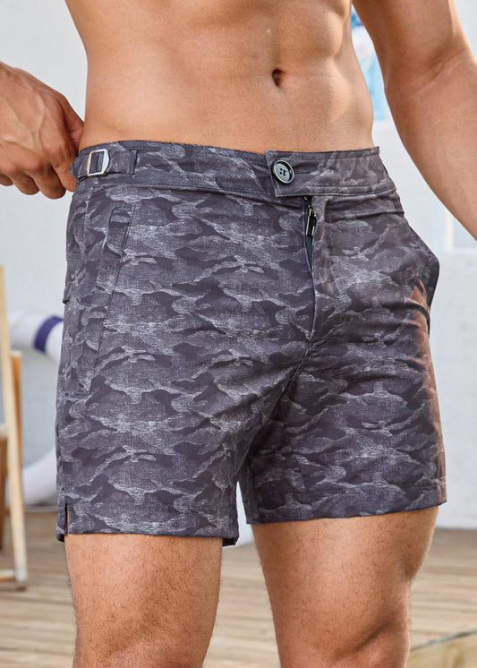 Long Length Light Grey Camouflage Swim Shorts