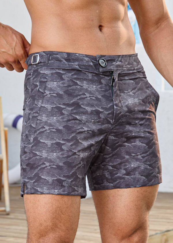 Long Length Light Grey Camouflage Swim Shorts