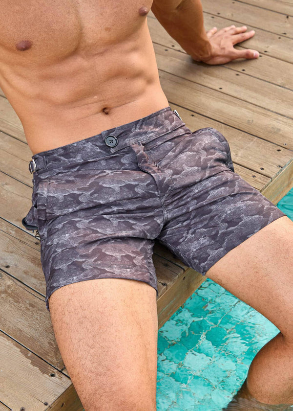Long Length Light Grey Camouflage Swim Shorts