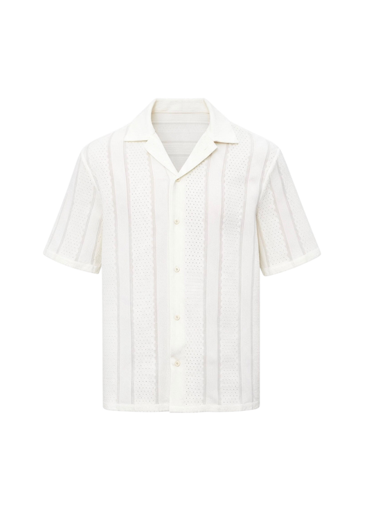 Relaxed Fit Soft Sand Stripe White Cuban Collar Shirt