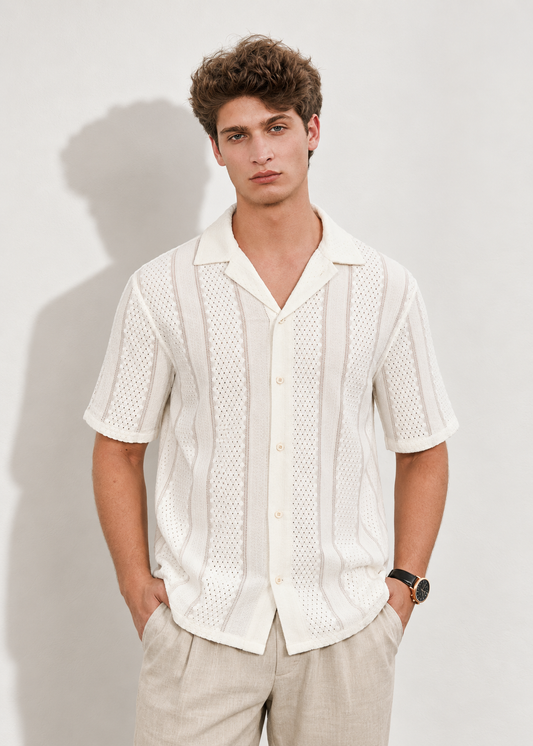 Relaxed Fit Soft Sand Stripe White Cuban Collar Shirt