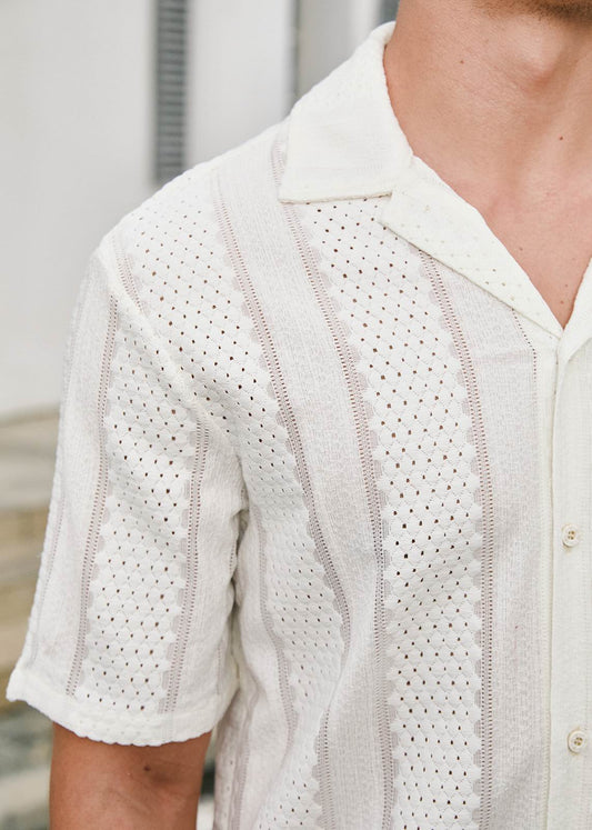 Relaxed Fit Soft Sand Stripe White Cuban Collar Shirt