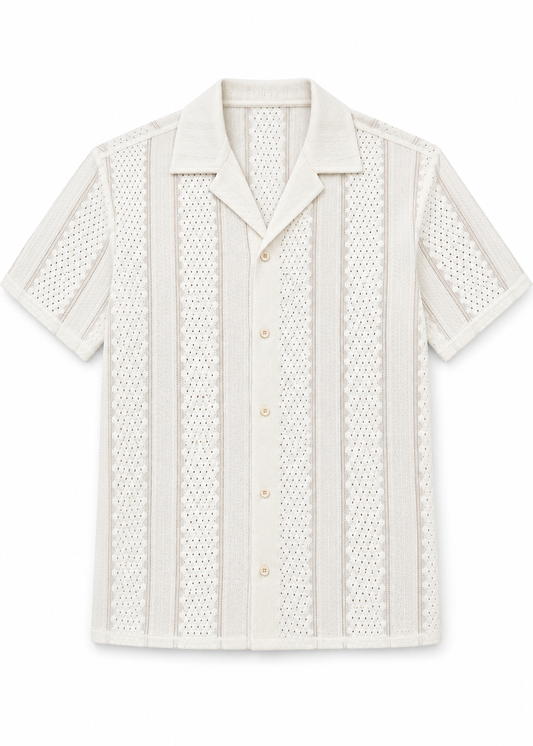Relaxed Fit Soft Sand Stripe White Cuban Collar Shirt