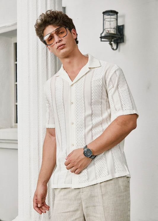 Relaxed Fit Soft Sand Stripe White Cuban Collar Shirt