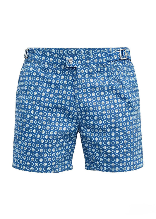 Long Length Octagon Blue Print Swim Shorts With Adjustable Waist