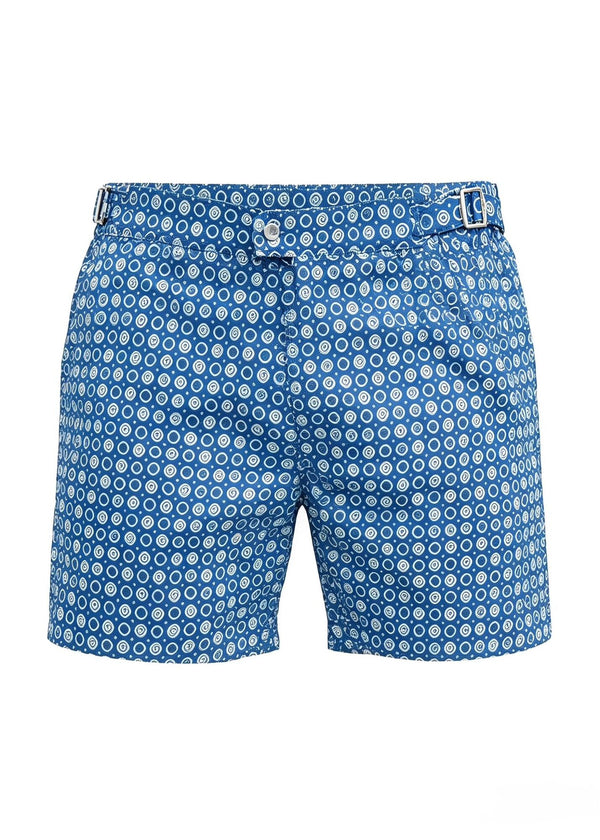Long Length Octagon Blue Print Swim Shorts With Adjustable Waist