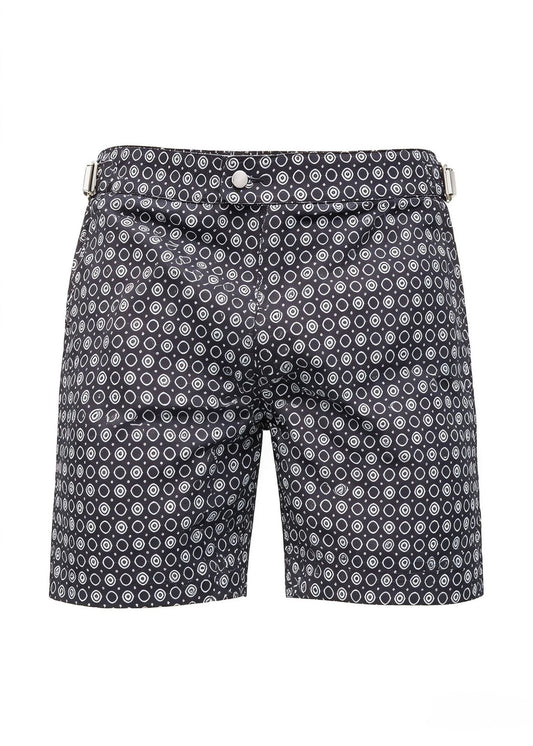 Long Length Octagon Black Print Swim Shorts With Adjustable Waist