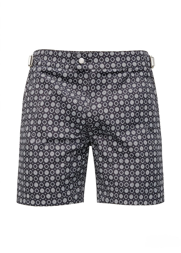 Long Length Octagon Black Print Swim Shorts With Adjustable Waist