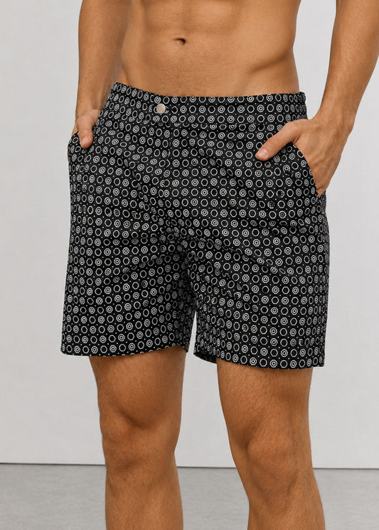 Long Length Octagon Black Print Swim Shorts With Adjustable Waist
