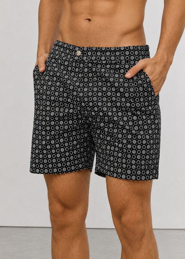 Long Length Octagon Black Print Swim Shorts With Adjustable Waist