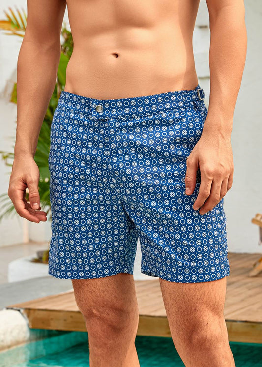 Long Length Octagon Blue Print Swim Shorts With Adjustable Waist