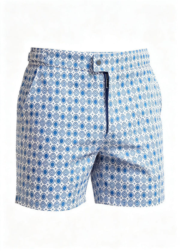 Long Length Octagon White Teal Print Swim Shorts With Adjustable Waist