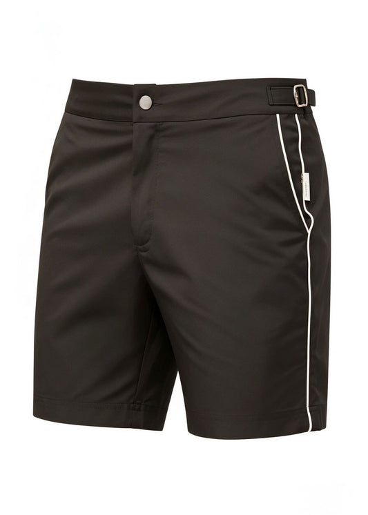 Long Length Black Plain Swim Shorts With Contrast Piping
