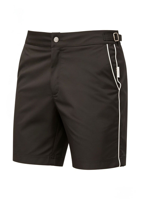 Long Length Black Plain Swim Shorts With Contrast Piping