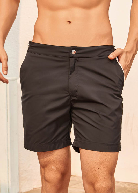 Long Length Black Swim Shorts With Contrast Piping