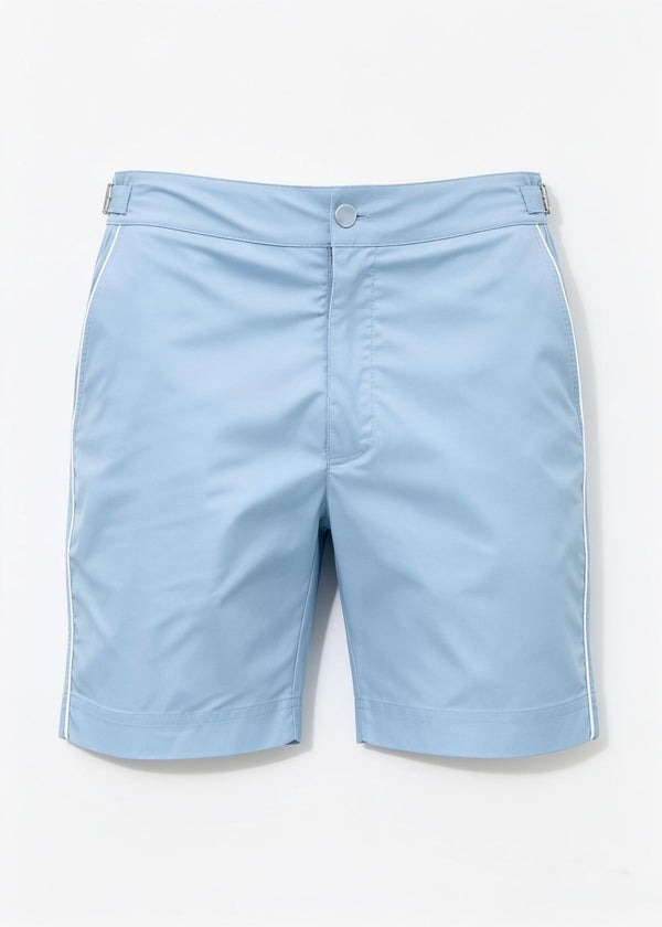 Long Length Light Blue Plain Swim Shorts With Contrast Piping