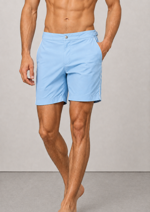 Long Length Light Blue Plain Swim Shorts With Contrast Piping