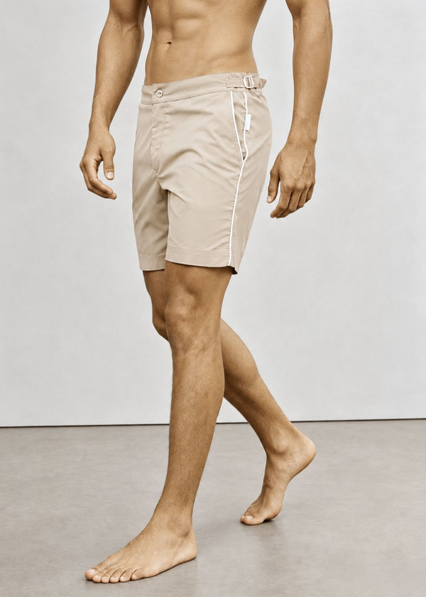 Long Length Mocha Plain Swim Shorts With Contrast Piping