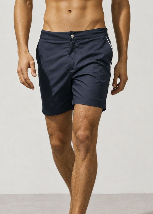 Long Length Navy Plain Swim Shorts With Contrast Piping