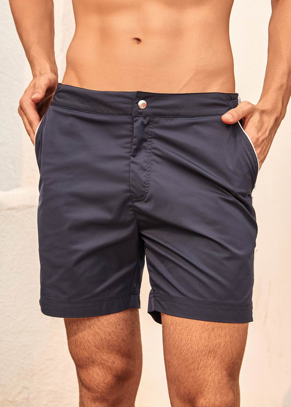 Long Length Navy Swim Shorts With Contrast Piping