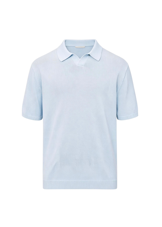 Fine-Knit Relaxed Fit Open Collar Polo Shirt - Light Blue