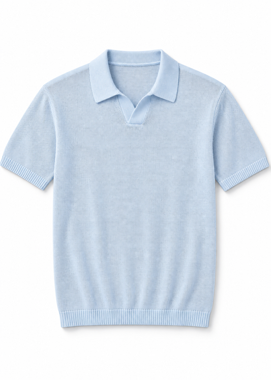 Fine-Knit Relaxed Fit Open Collar Polo Shirt - Light Blue