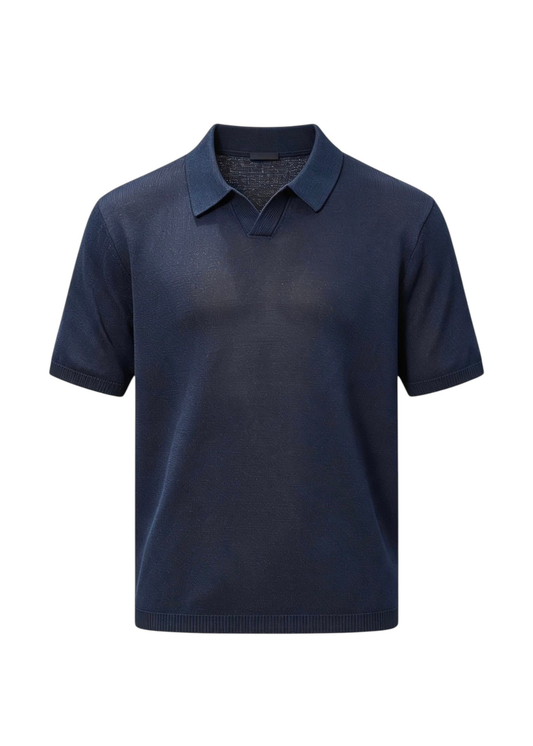 Fine-Knit Relaxed Fit Open Collar Polo Shirt - Navy