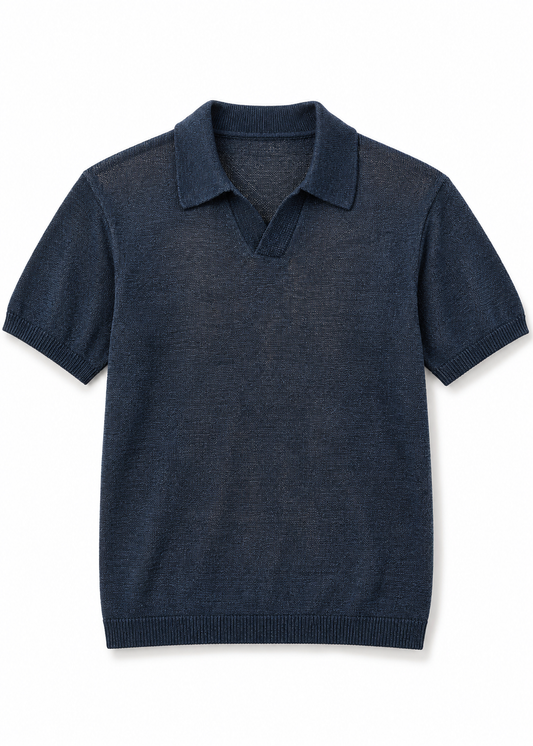 Fine-Knit Relaxed Fit Open Collar Polo Shirt - Navy