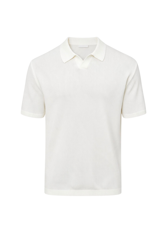 Fine-Knit Relaxed Fit Open Collar Polo Shirt - White
