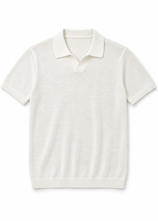 Fine-Knit Relaxed Fit Open Collar Polo Shirt - White
