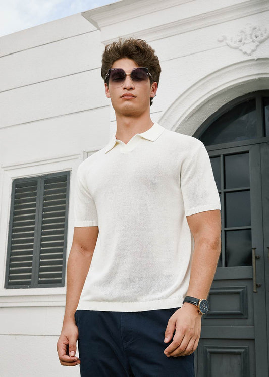 Fine-Knit Relaxed Fit Open Collar Polo Shirt - White