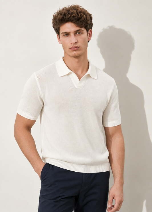 Fine-Knit Relaxed Fit Open Collar Polo Shirt - White
