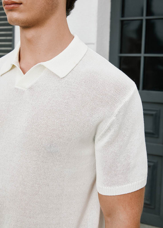 Fine-Knit Relaxed Fit Open Collar Polo Shirt - White