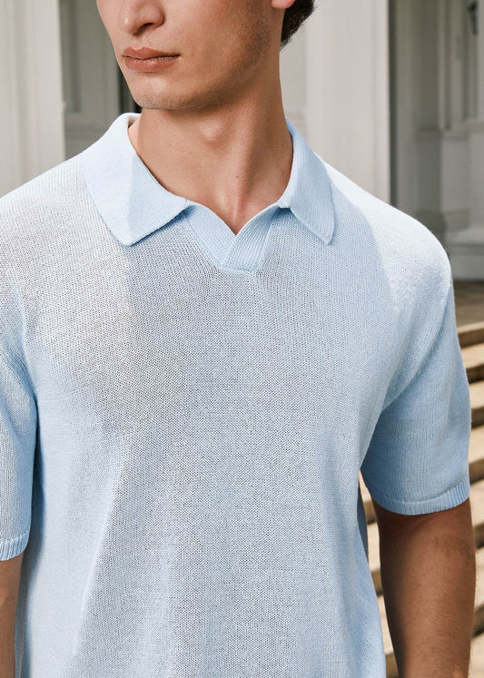 Fine-Knit Relaxed Fit Open Collar Polo Shirt - Light Blue