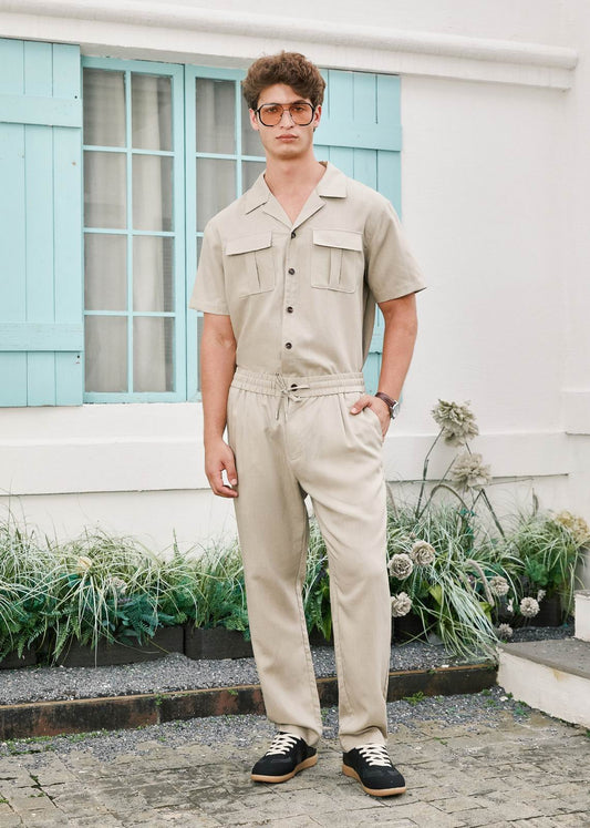 Relaxed Fit Woven Linen Trousers - Khaki